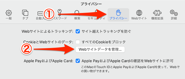 「Webサイトデータを管理」をクリック